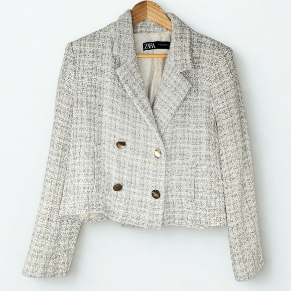 Zara Tweed Crop White Gold Button Blazer XL - Picture 2 of 6